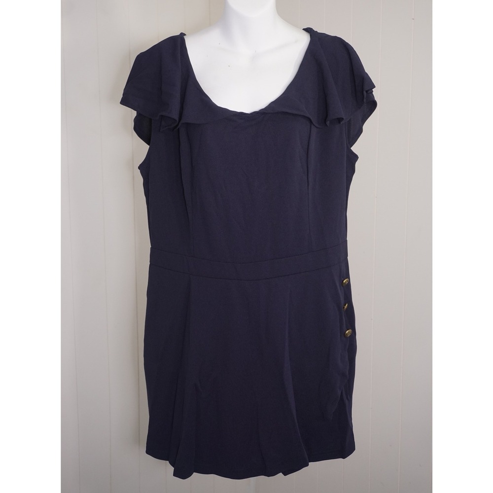 Navy Blue XXL Skort Romper Ruffle Neck Gold Button Detail